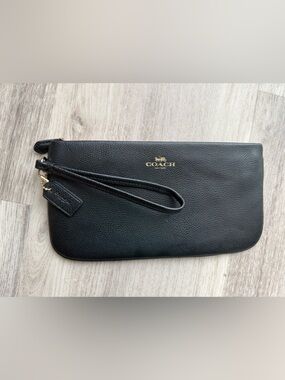 Coach Black Pebbled Leather Wristlet with Gold Hardware